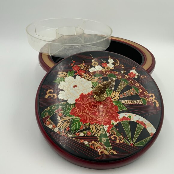 Vtg Republic of China Lazy Susan Lacquer Lidded Footed Serving Tray Fish Handle - Picture 5 of 12